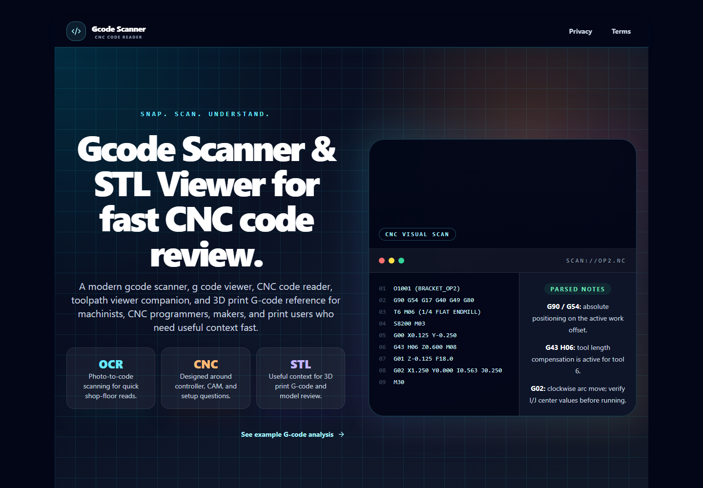Gcode Scanner website showing CNC code with parsed notes